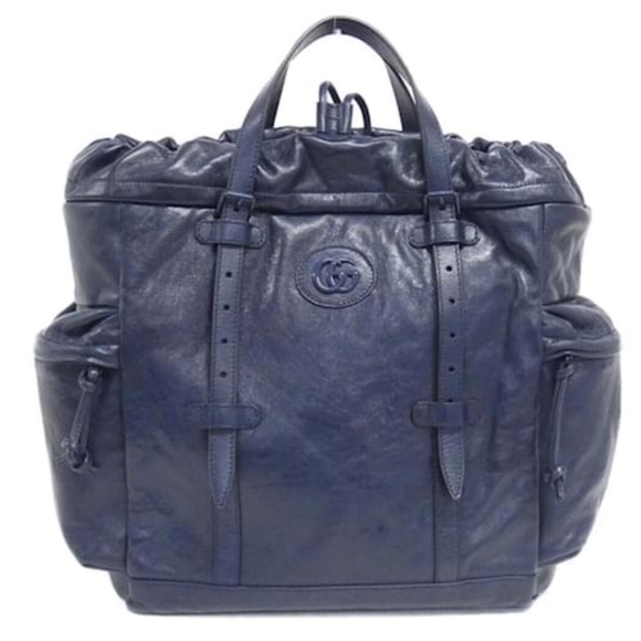Gucci Blue Leather Drawstring Tote Bag With Tonal Double G Logo NWT - Picture 1 of 8
